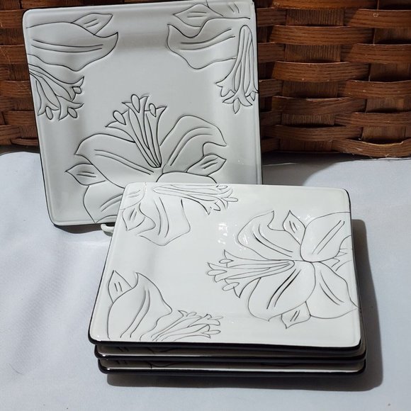 Laurie Gates Antilles White Square Salad  Plates 7" set of 4 flowered dessert - Picture 3 of 11